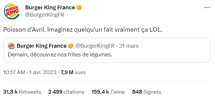 Burger King - Communication - Tweet 1er avril 2023